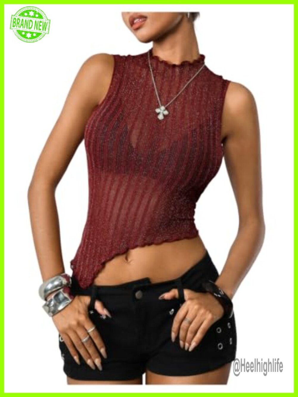 Women's Sheer Mesh Mock Neck Tank Top Asymmetrical Rave Crop Tops